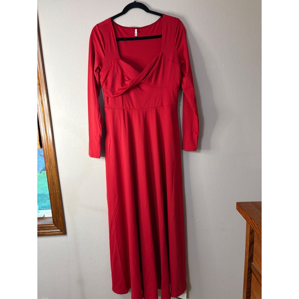 Halara Red Long Sleeve‎ Maxi Dress Sweetheart Twist Front Pockets NEW
